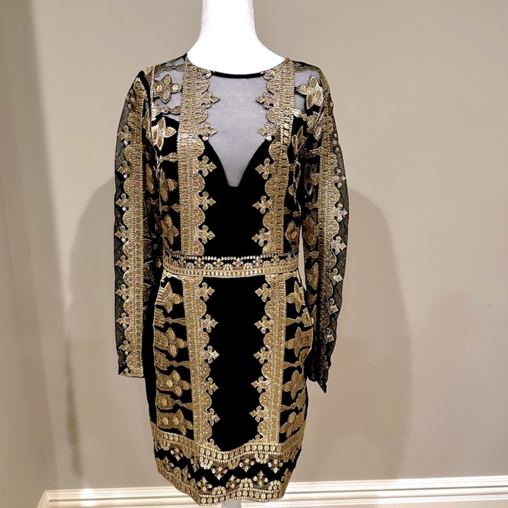 Nicole Miller Black & Gold Brocade Dress Size 6 - Picture 4 of 6